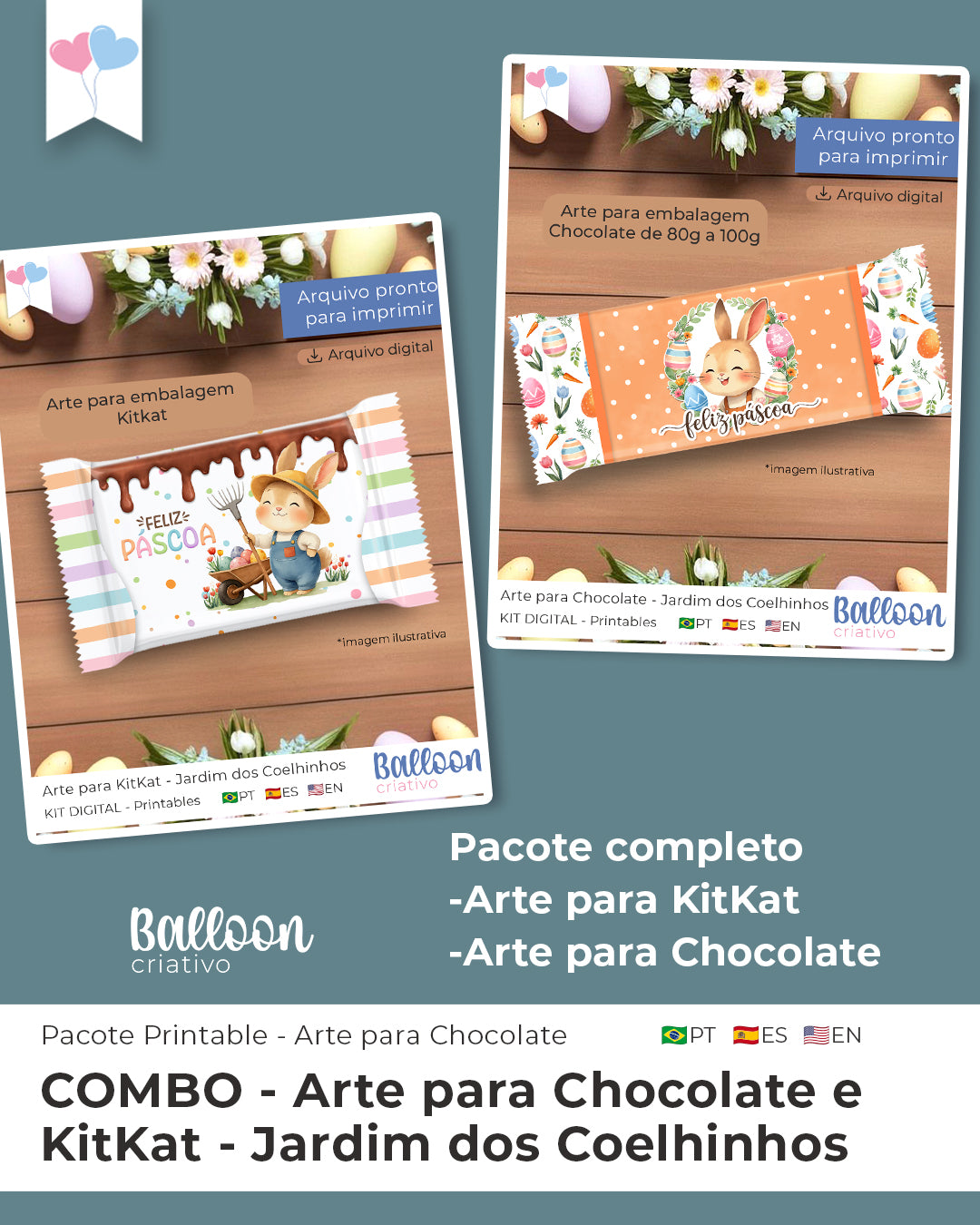 COMBO Arte para Chocolate e KitKat - Jardim dos Coelhinhos