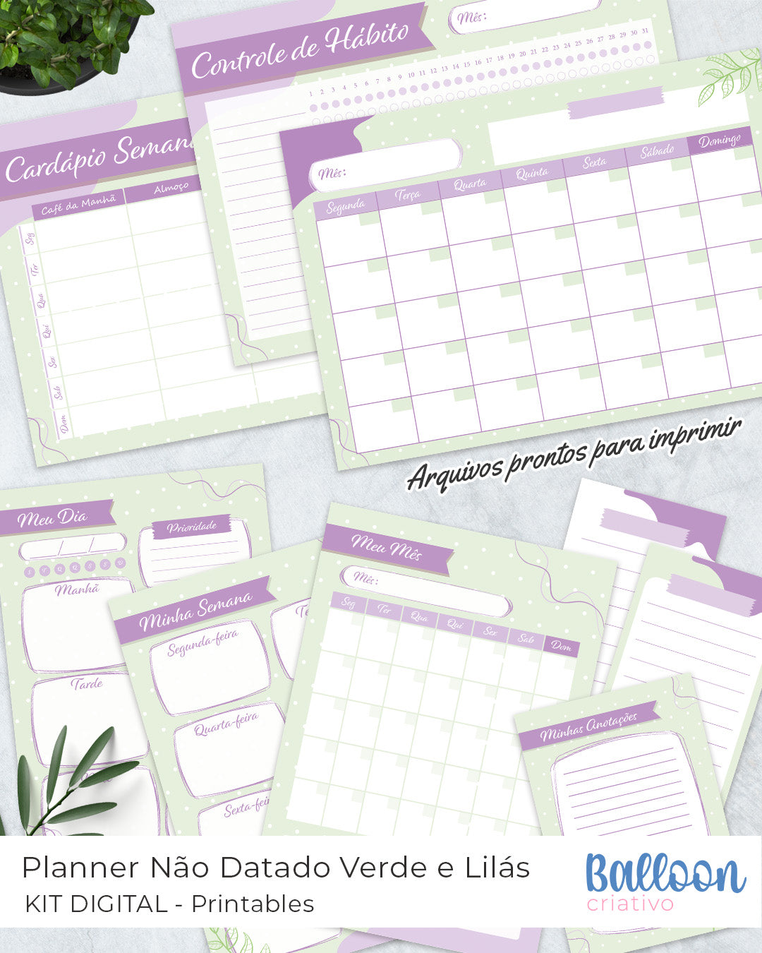 Kit Printables - Planner Não datado - Verde e Lilás