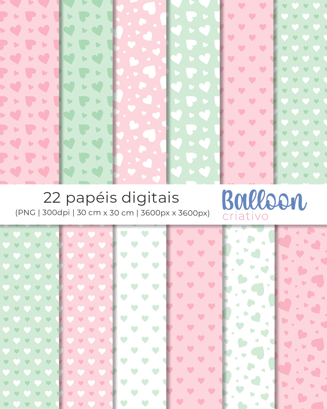 Kit Papel Digital - Corações Verde e Rosa - Balloon Criatvo