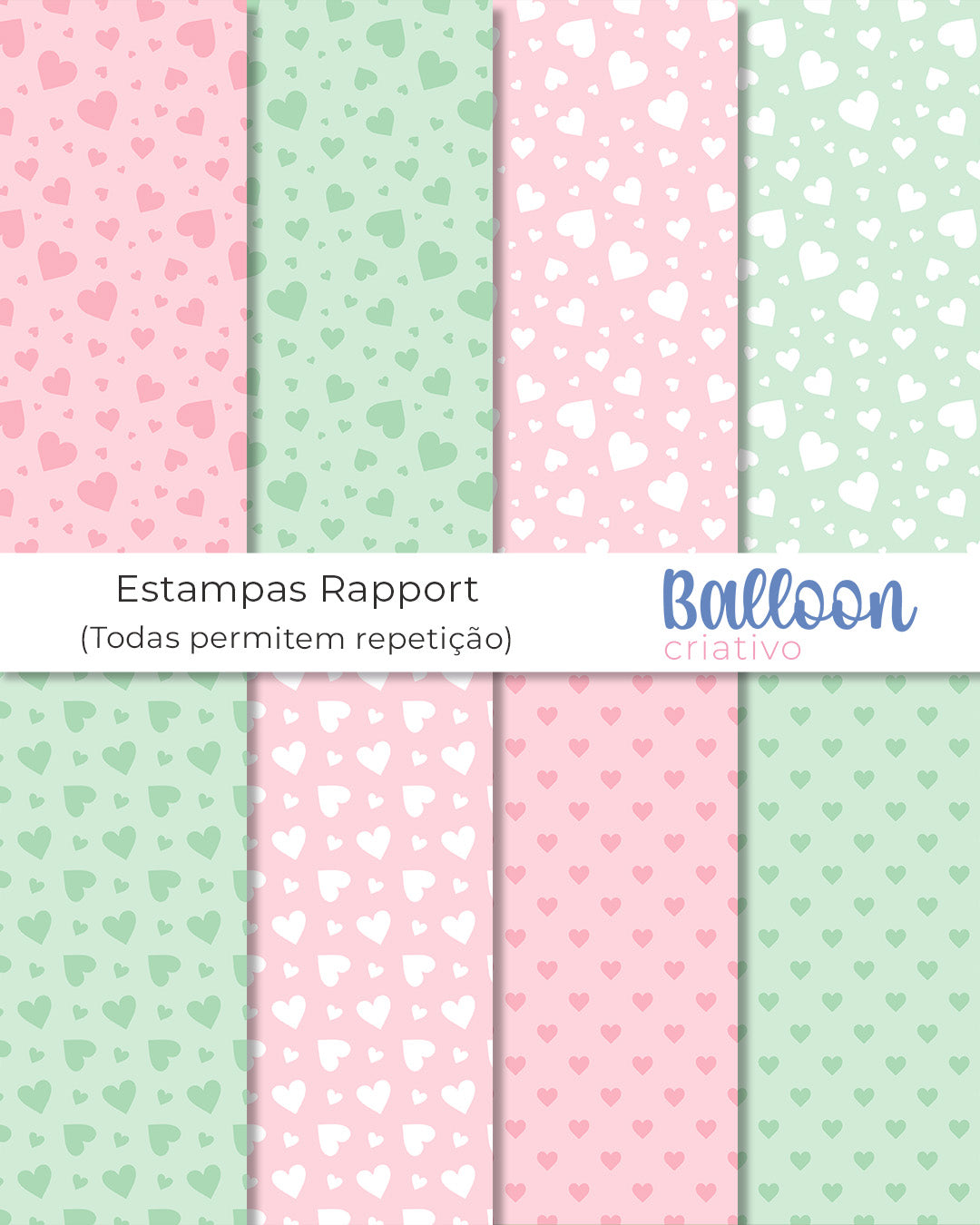 Kit Papel Digital - Corações Verde e Rosa - Balloon Criatvo