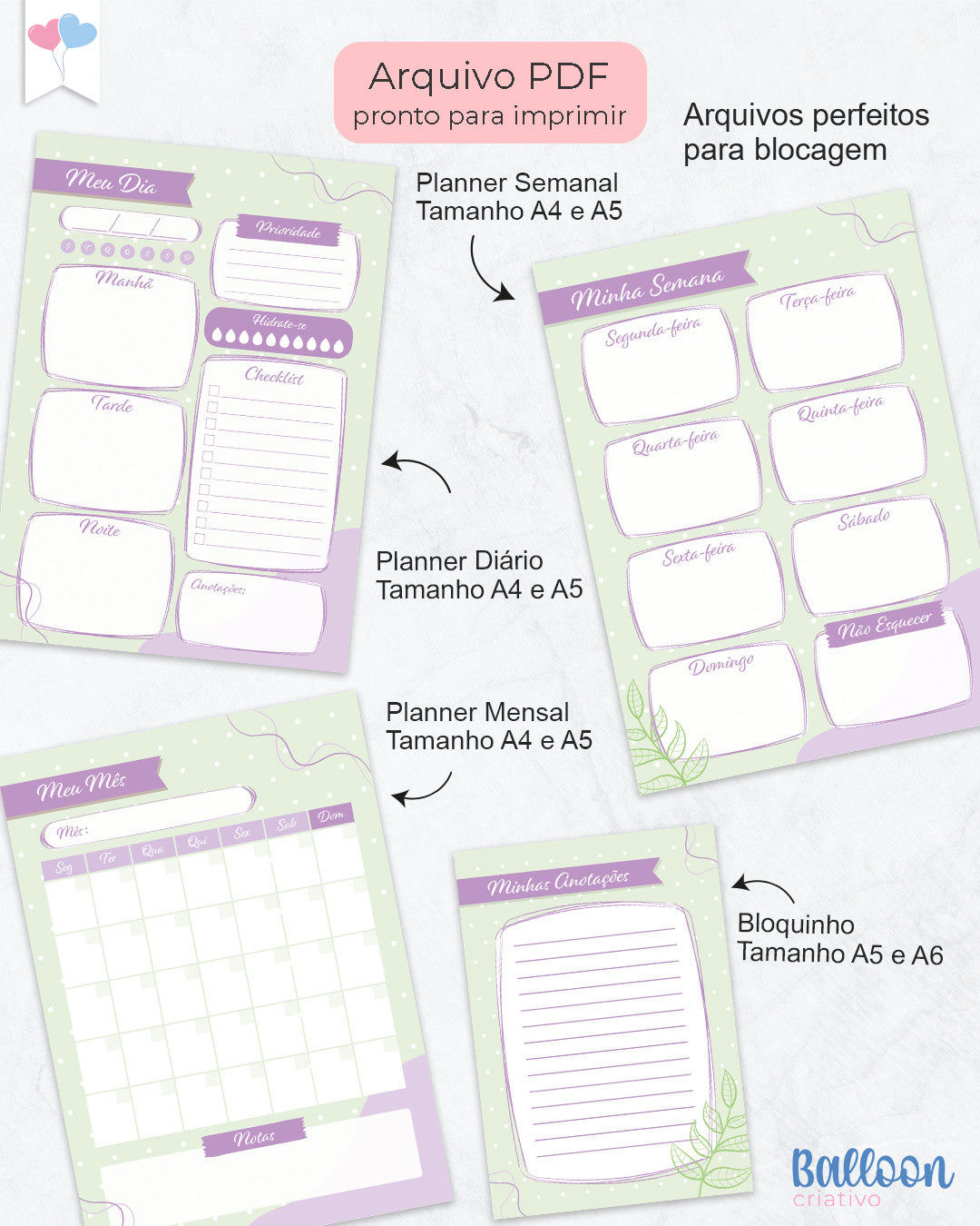 Kit Printables - Planner Não datado - Verde e Lilás