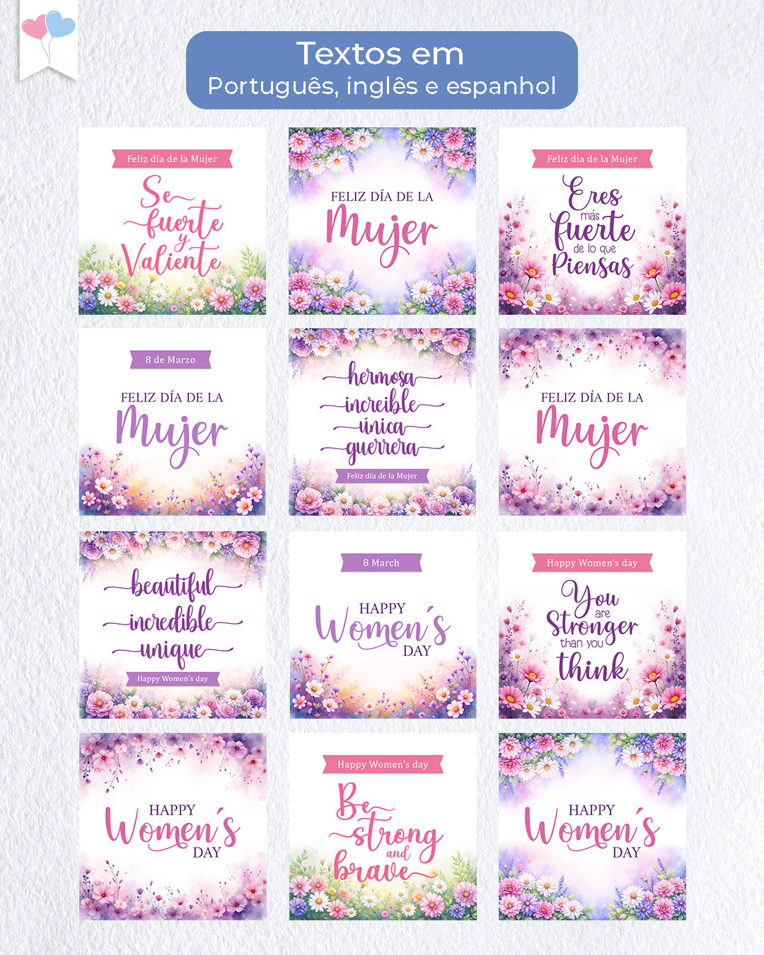 Kit Printable - Tag ou Adesivo Quadrada Dia das Mulheres