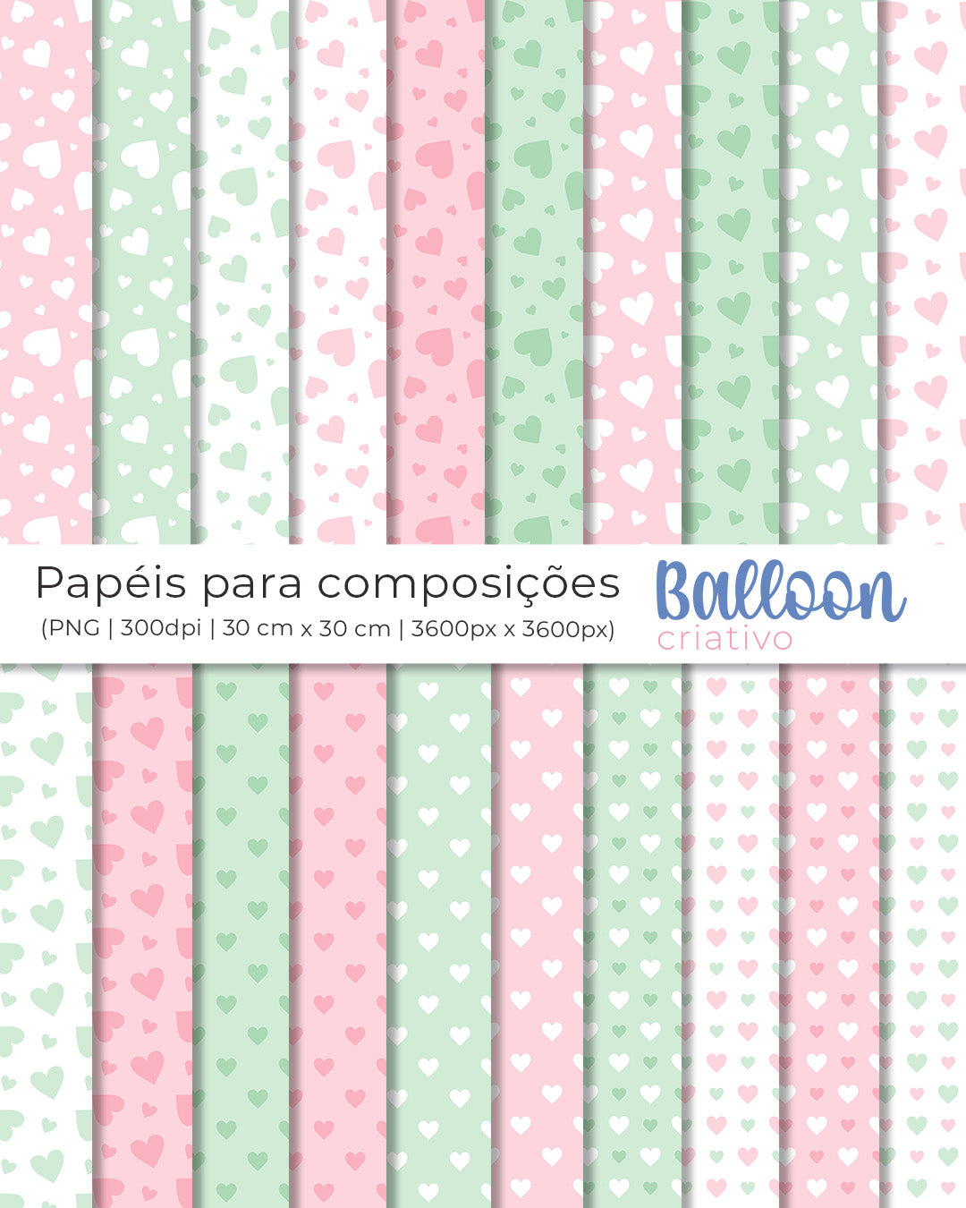 Kit Papel Digital - Corações Verde e Rosa - Balloon Criatvo