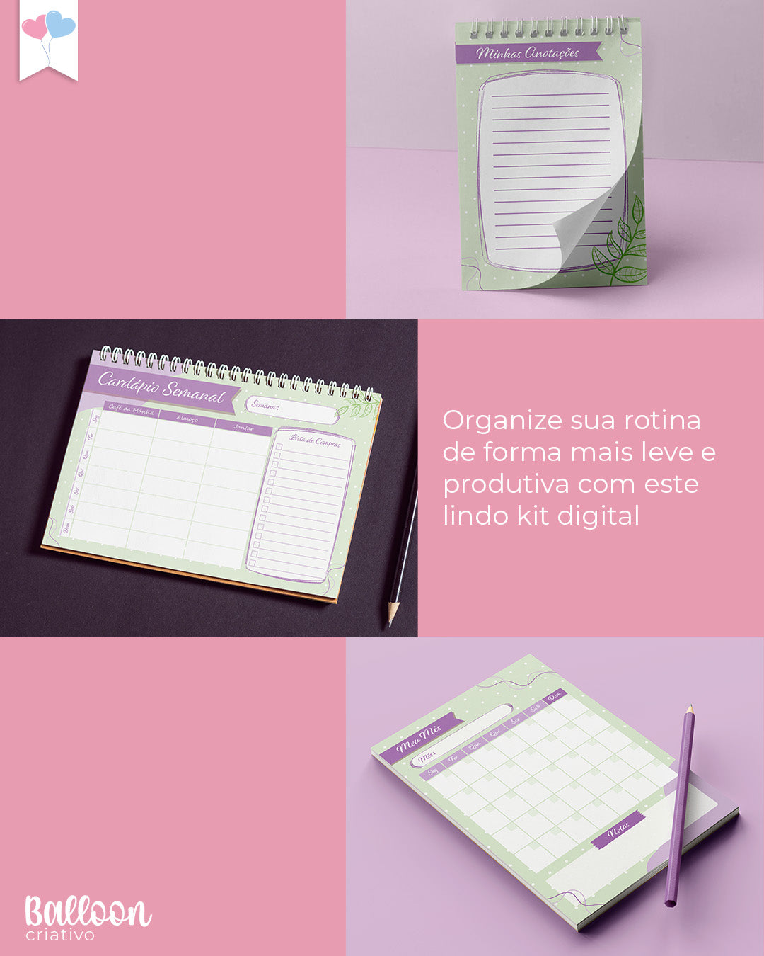 Kit Printables - Planner Não datado - Verde e Lilás