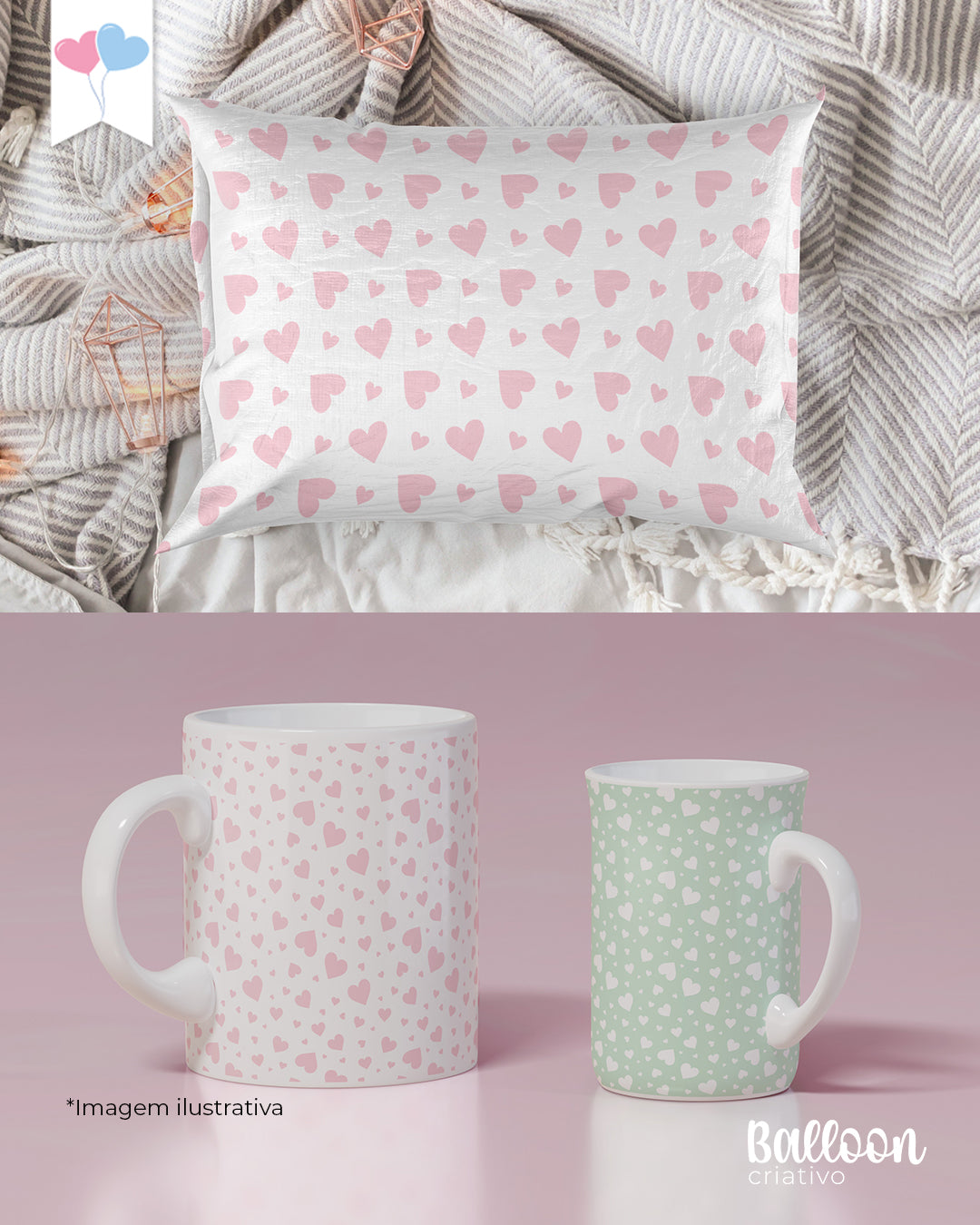 Kit Papel Digital - Corações Verde e Rosa - Balloon Criatvo