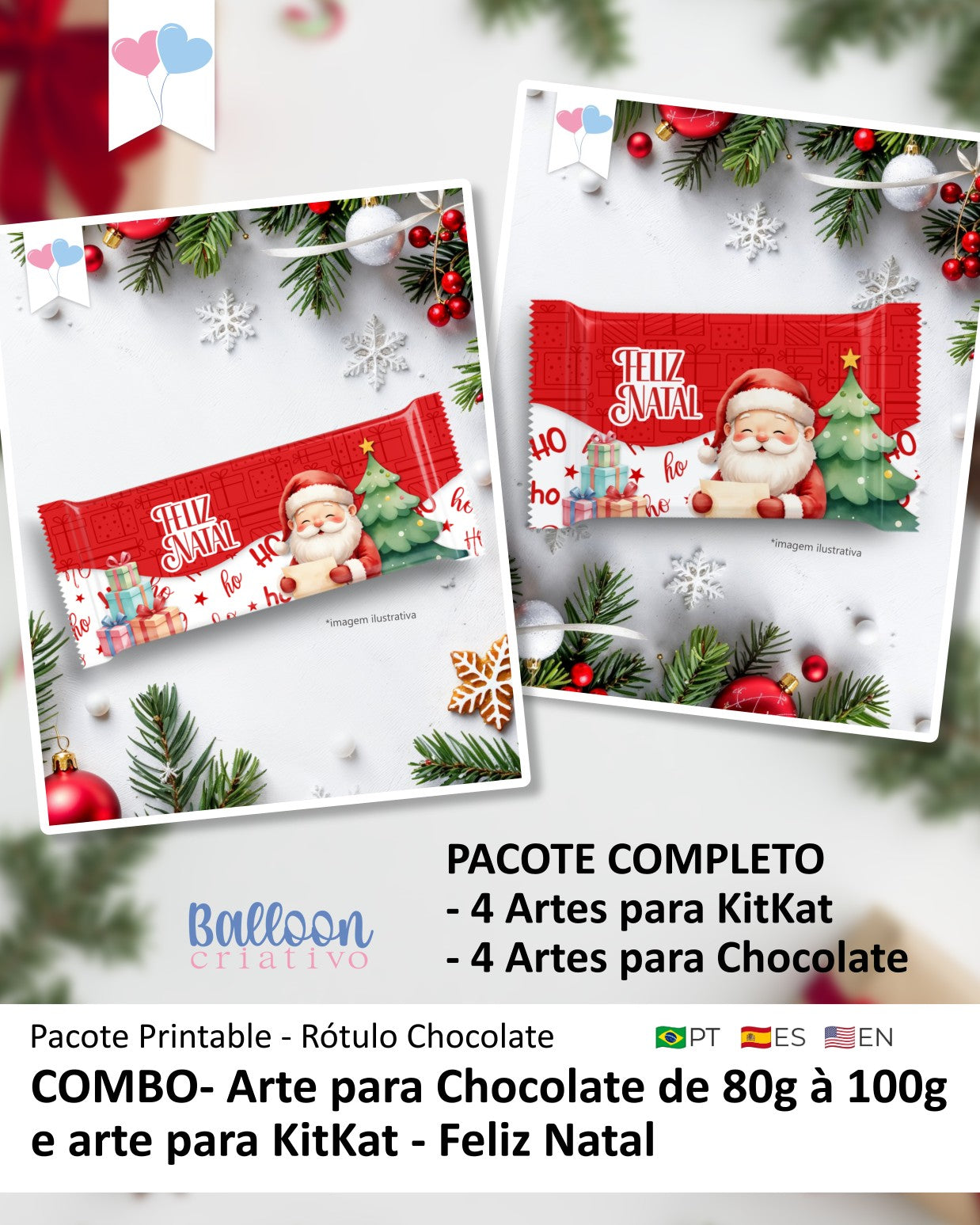 COMBO - Arte para Chocolate de 80g à 100g e Arte para KitKat - Feliz Natal