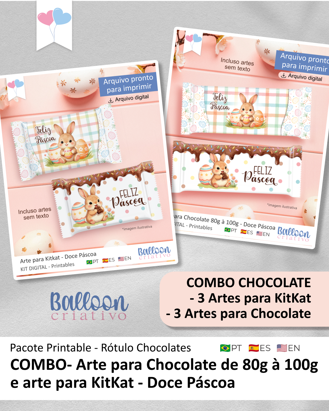 COMBO - Arte para Chocolate de 80g à 100g e Arte para KitKat - Doce Páscoa