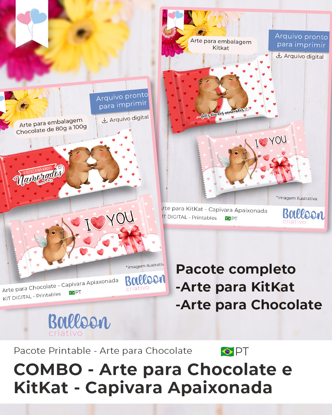 COMBO Arte para Chocolate e KitKat - Capivara Apaixonada