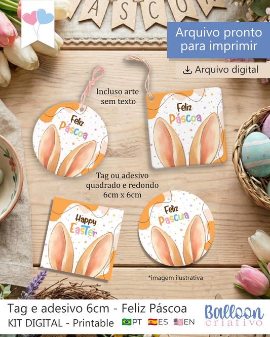 Printable - Tag e Adesivo 6cm - Feliz Páscoa