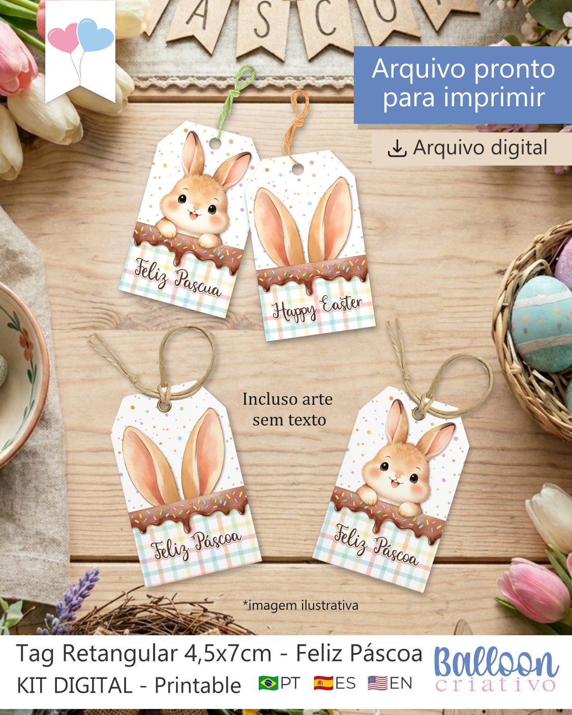 Printable - Tag Retangluar 4,5x7cm - Feliz Páscoa