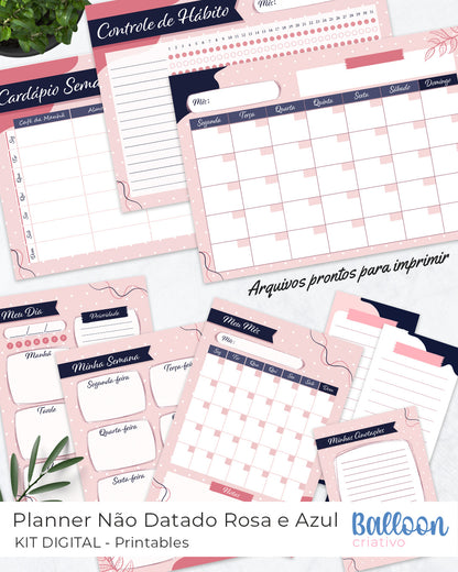 Kit Printables - Planner Não datado - Rosa e Azul