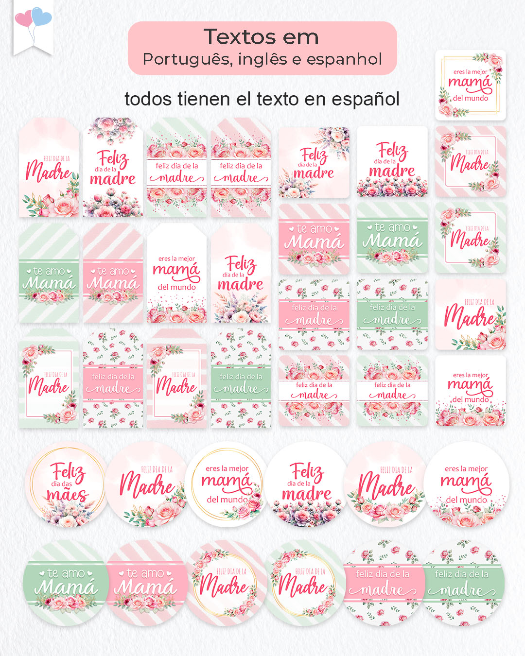 Kit Printable - Tag ou adesivo Dia das Mães