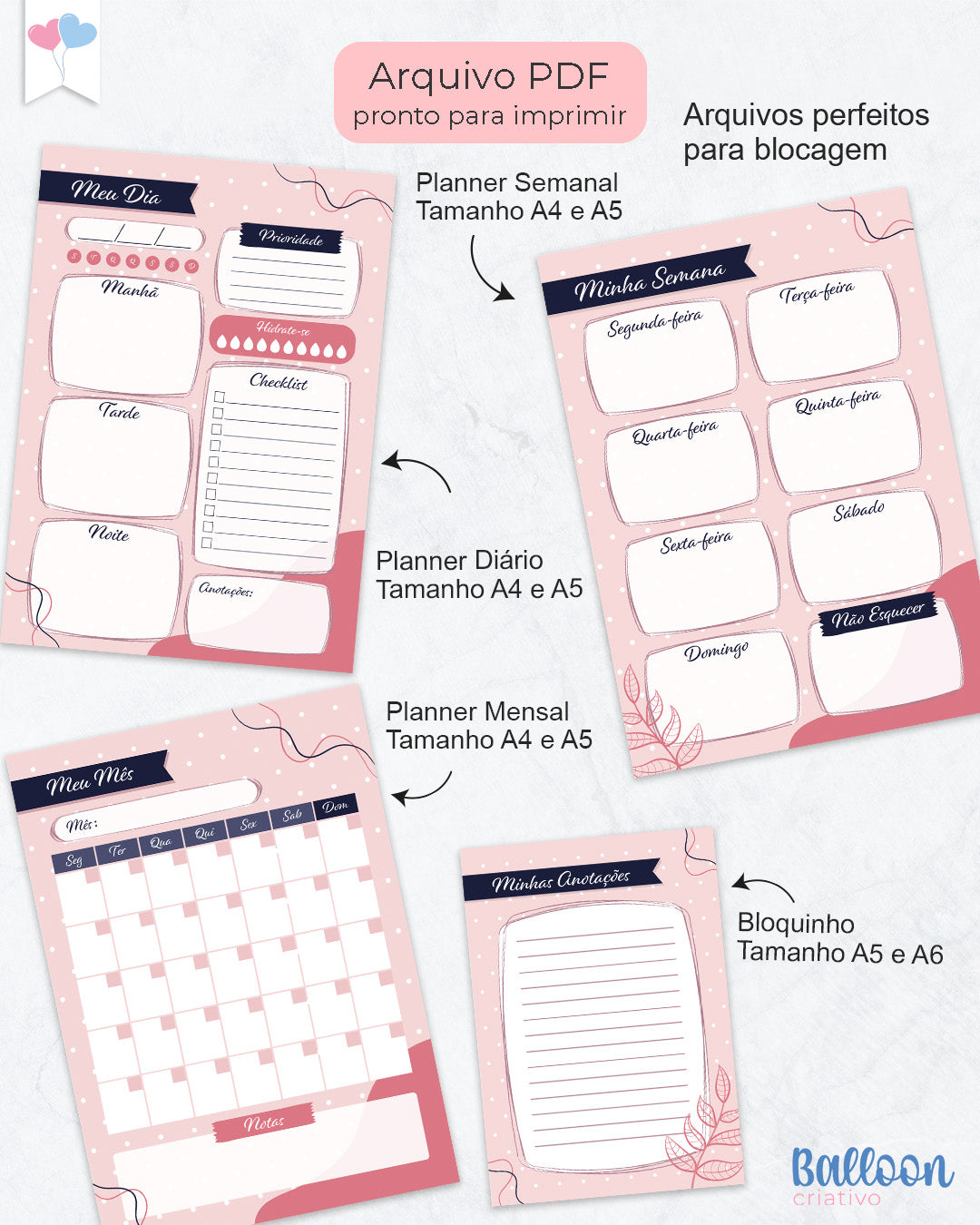 Kit Printables - Planner Não datado - Rosa e Azul