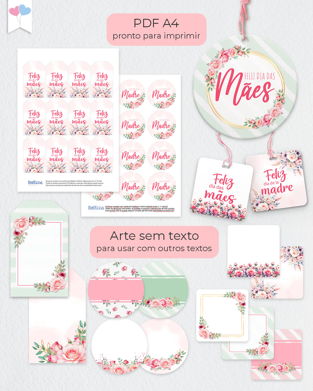 Kit Printable - Tag ou adesivo Dia das Mães