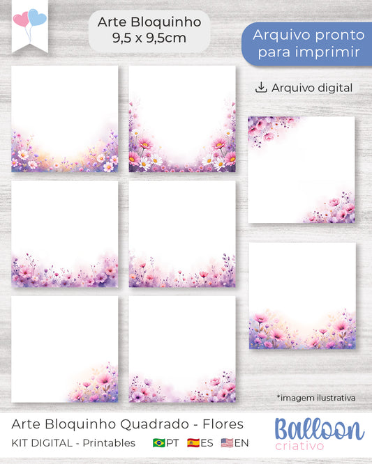 Arte para Miolo Bloquinho Quadrado 9,5cm x 9,5cm - Flores