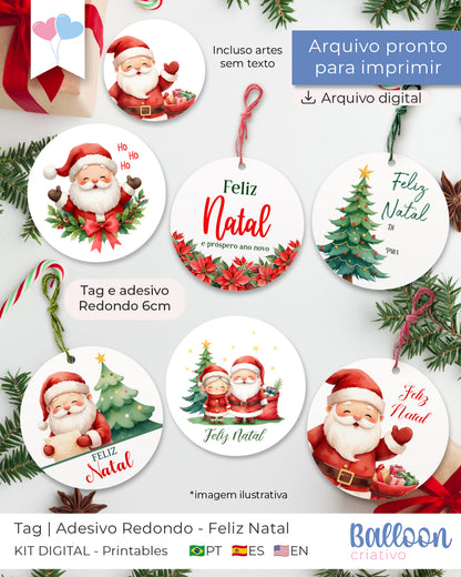 Printable - Tag ou Adesivo Redondo 6cm - Feliz Natal